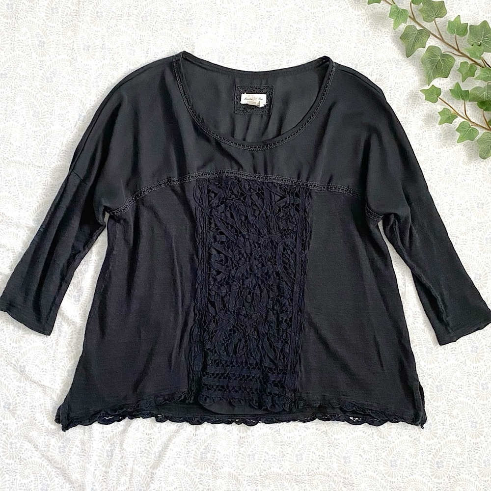 Anthro Meadow Rue chiffon & embroidery contrast dolman sleeve top, black